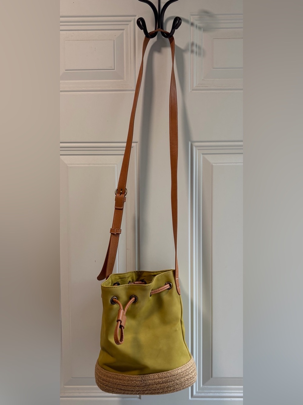 Stylis Yellow Drawstring Bucket Bag with Tan Strap